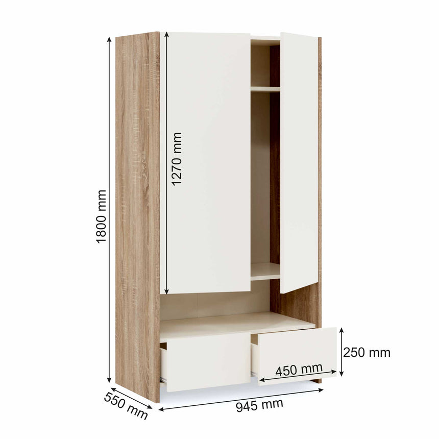 Cora Wardrobe with 2 Doors, 2 Drawers &amp; Shelves